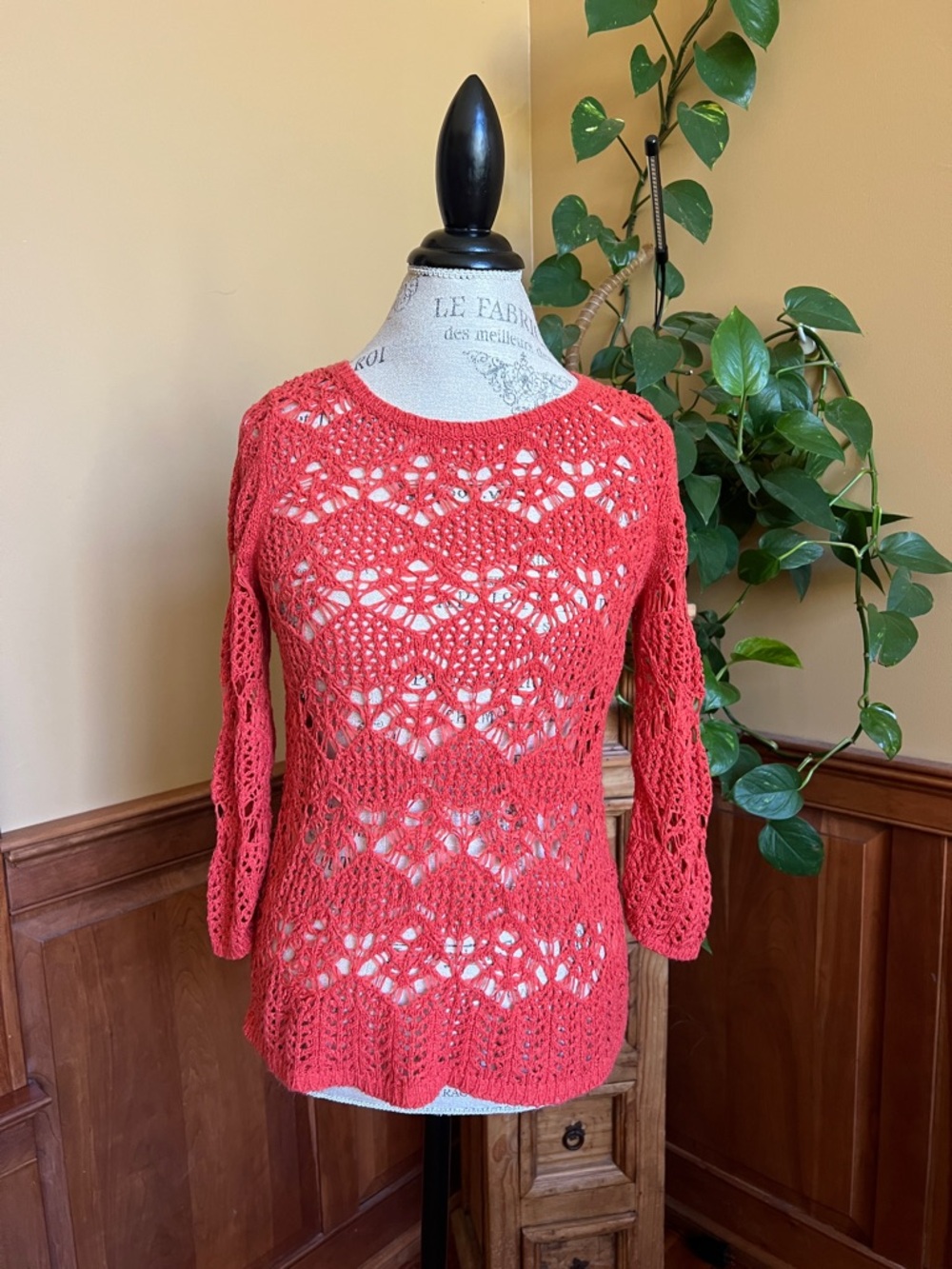 Coldwater Creek Coral Orange Crochet Top Sweater Women’s Small